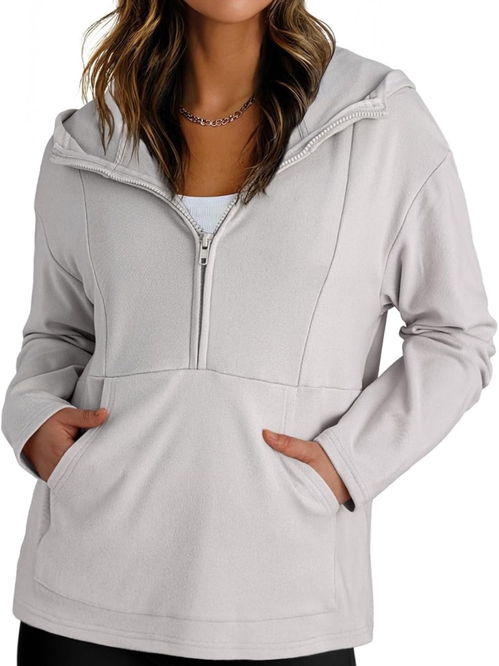 Women's Light Gray Half-Zip Hooded Pullover